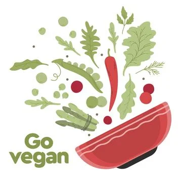 Vegetables for salad served in red plate. Go Vegan Stock Illustration