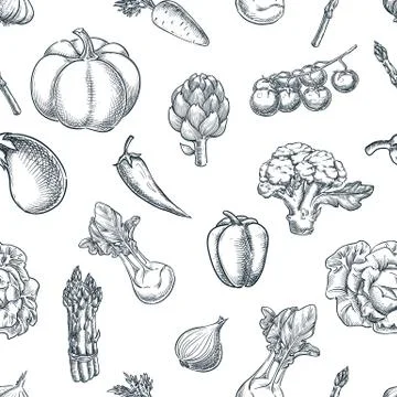 Vegetables seamless black white pattern. Vector sketch illustration. Farming Stock Illustration