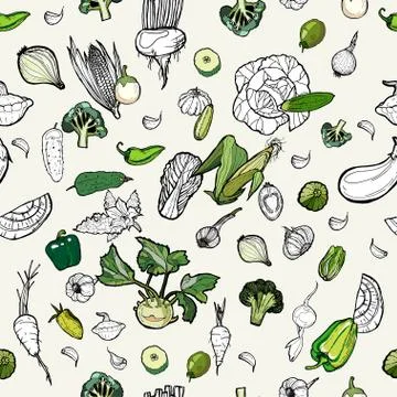 Vegetables seamless hand drawn pattern. Vegetarian hipster food illustration. Stock Illustration