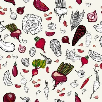 Vegetables seamless hand drawn pattern purple. Vegetarian hipster food illust Stock Illustration