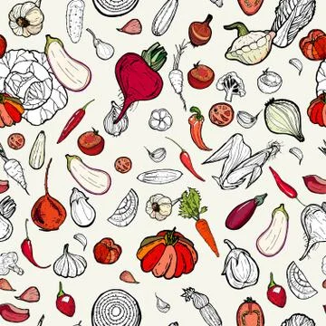 Vegetables seamless hand drawn pattern red. Vegetarian hipster food illustrat Stockillustratie