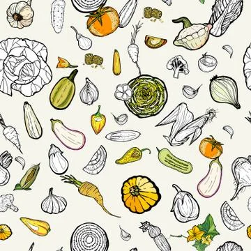 Vegetables seamless hand drawn pattern yellow. Vegetarian hipster food illust Stock Illustration