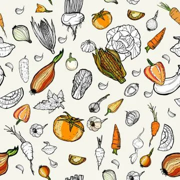 Vegetables seamless orange hand drawn pattern. Vegetarian hipster food illust Stock Illustration