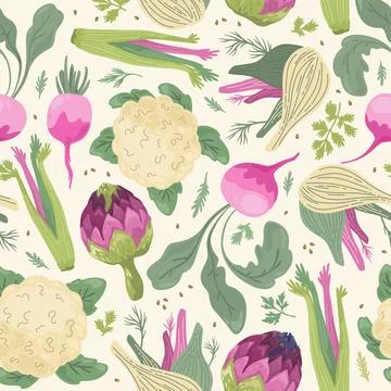 Vegetables seamless pattern on beige background. Stock Illustration