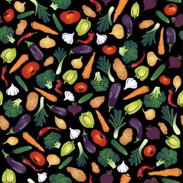 Vegetables seamless pattern. black background Stock Illustration
