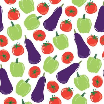 Vegetables seamless pattern. eggplant, tomato and bell pepper illustration Stock Illustration