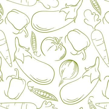 Vegetables seamless pattern in line art style. Healthy eating tomato, carrot Stock Illustration