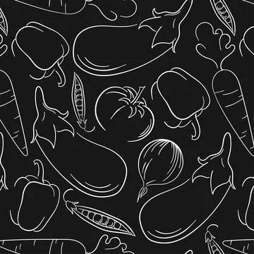 Vegetables seamless pattern in line art style. Hand drawn doodle fresh vegetable Stock Illustration