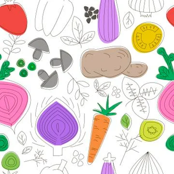 Vegetables seamless pattern. Linear graphic. Vegetables background. Scandinavian イラスト素材