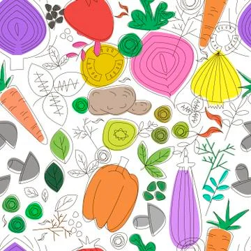 Vegetables seamless pattern. Linear graphic. Vegetables background. Scandinavian Illustrazione stock