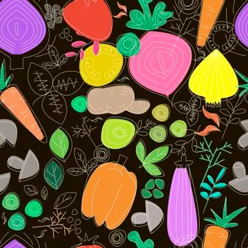 Vegetables seamless pattern. Linear graphic. Vegetables background. Scandinavian Stock Illustration