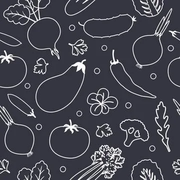 Vegetables seamless pattern. Linear graphic. Vegetables background. Healthy food Stock Illustration