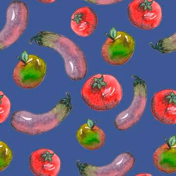 Vegetables Seamless Pattern made from watercolor with eggplant, apple and tomato 스톡 일러스트