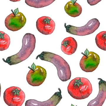 Vegetables Seamless Pattern made from watercolor with eggplant, apple and tomato 스톡 일러스트