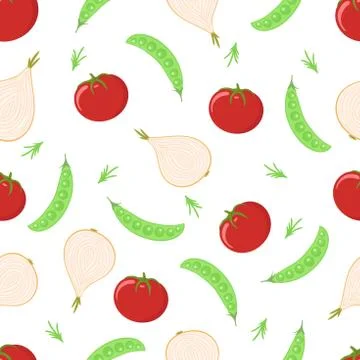 Vegetables seamless pattern. Tomatoes, onions and peas vector. Stock Illustration
