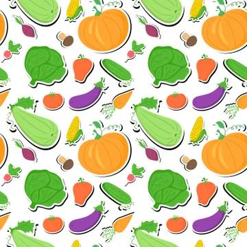 Vegetables seamless pattern, vector background with great abundance of bright Stock Illustration
