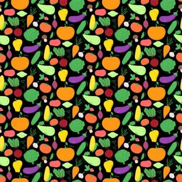 Vegetables seamless pattern, vector background with great abundance of bright Stock Illustration