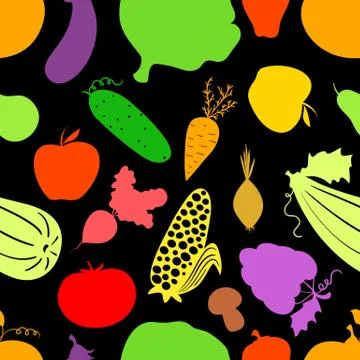 Vegetables seamless pattern, vector dark background with great abundance of b Stock Illustration