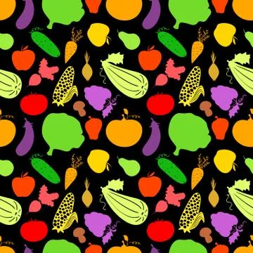 Vegetables seamless pattern, vector dark background with great abundance of b Stock Illustration
