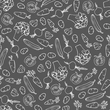 Vegetables seamless pattern. Vector Linear graphic. Hand drawn sketch. White on Stock Illustration