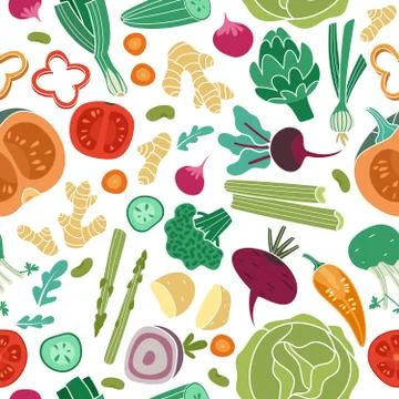 Vegetables seamless pattern. Vegan healthy meal organic food delicious fresh Stock Illustration