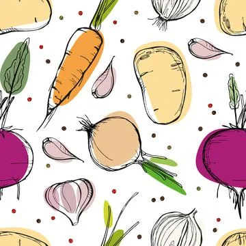 Vegetables seamless pattern. Vegetarian healthy food vector texture. Organic Stock Illustration