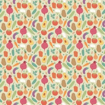 Vegetables seamless pattern. Vegetarian healthy bio food background, Vegan or Stock Illustration