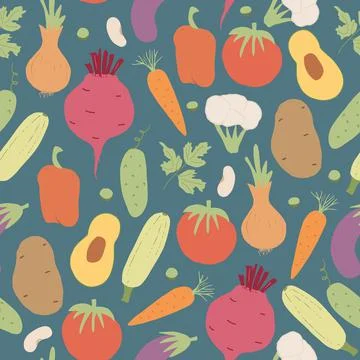 Vegetables seamless pattern. Vegetarian healthy bio food background, Vegan or Stock Illustration