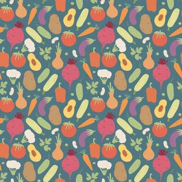 Vegetables seamless pattern. Vegetarian healthy bio food background, Vegan or Stock Illustration