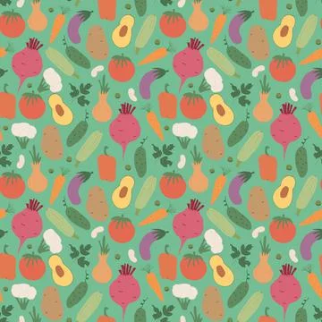 Vegetables seamless pattern. Vegetarian healthy bio food background, Vegan or Stock Illustration
