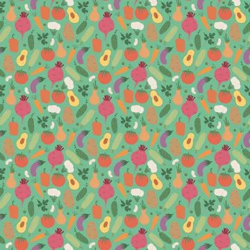 Vegetables seamless pattern. Vegetarian healthy bio food background, Vegan or Stock Illustration