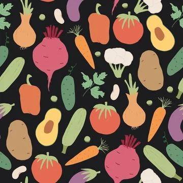 Vegetables seamless pattern. Vegetarian healthy bio food background, Vegan or Stock Illustration