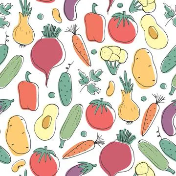 Vegetables seamless pattern. Vegetarian healthy bio food background, Vegan or Stock Illustration