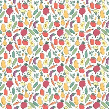 Vegetables seamless pattern. Vegetarian healthy bio food background, Vegan or Illustrazione stock