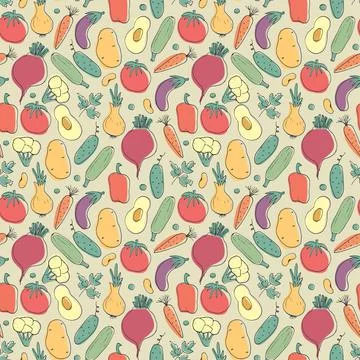 Vegetables seamless pattern. Vegetarian healthy bio food background, Vegan or Stock Illustration