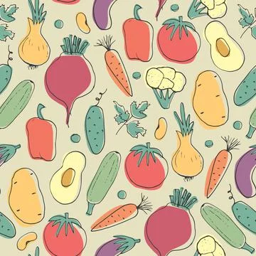 Vegetables seamless pattern. Vegetarian healthy bio food background, Vegan or Stock Illustration