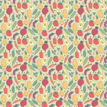 Vegetables seamless pattern. Vegetarian healthy bio food background, Vegan or Stock Illustration