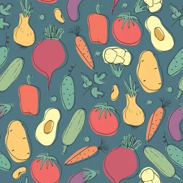 Vegetables seamless pattern. Vegetarian healthy bio food background, Vegan or Illustrazione stock