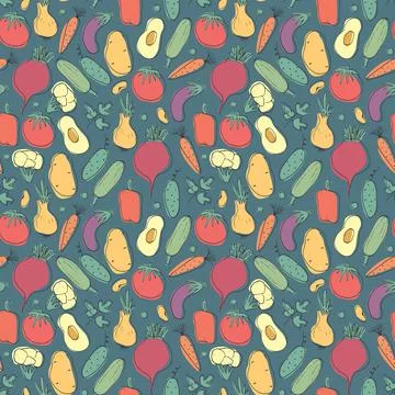 Vegetables seamless pattern. Vegetarian healthy bio food background, Vegan or Stock Illustration