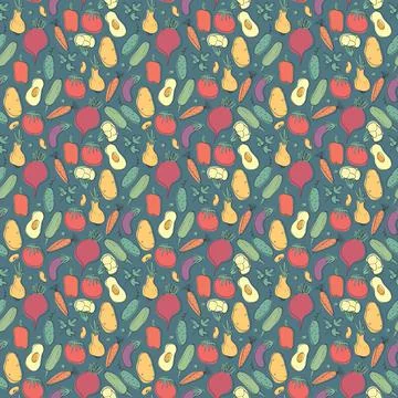 Vegetables seamless pattern. Vegetarian healthy bio food background, Vegan or Stock Illustration