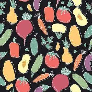 Vegetables seamless pattern. Vegetarian healthy bio food background, Vegan or Stock Illustration