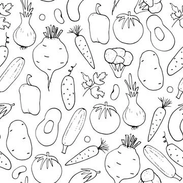 Vegetables seamless pattern. Vegetarian healthy bio food background, Vegan or Stock Illustration
