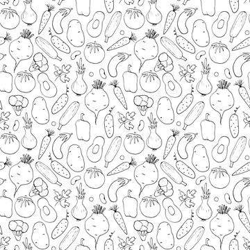 Vegetables seamless pattern. Vegetarian healthy bio food background, Vegan or Stock Illustration