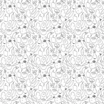 Vegetables seamless pattern. Vegetarian healthy bio food background, Vegan or Stock Illustration