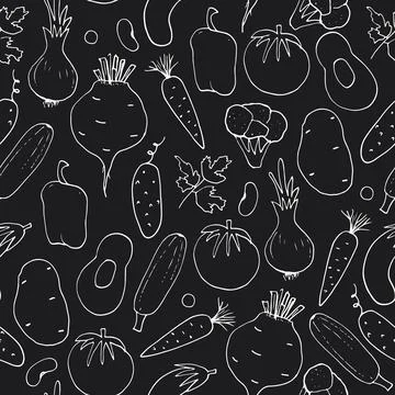 Vegetables seamless pattern. Vegetarian healthy bio food background, Vegan or Illustrazione stock