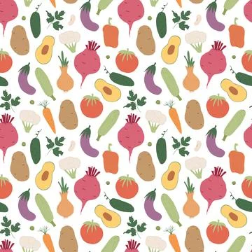 Vegetables seamless pattern. Vegetarian healthy bio food background, Vegan or Stock Illustration