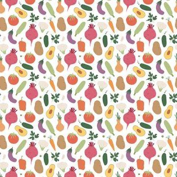 Vegetables seamless pattern. Vegetarian healthy bio food background, Vegan or Stock Illustration