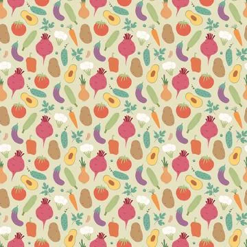Vegetables seamless pattern. Vegetarian healthy bio food background, Vegan or Stock Illustration