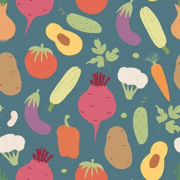 Vegetables seamless pattern. Vegetarian healthy bio food background, Vegan or Stock Illustration