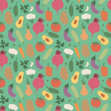 Vegetables seamless pattern. Vegetarian healthy bio food background, Vegan or Stock Illustration